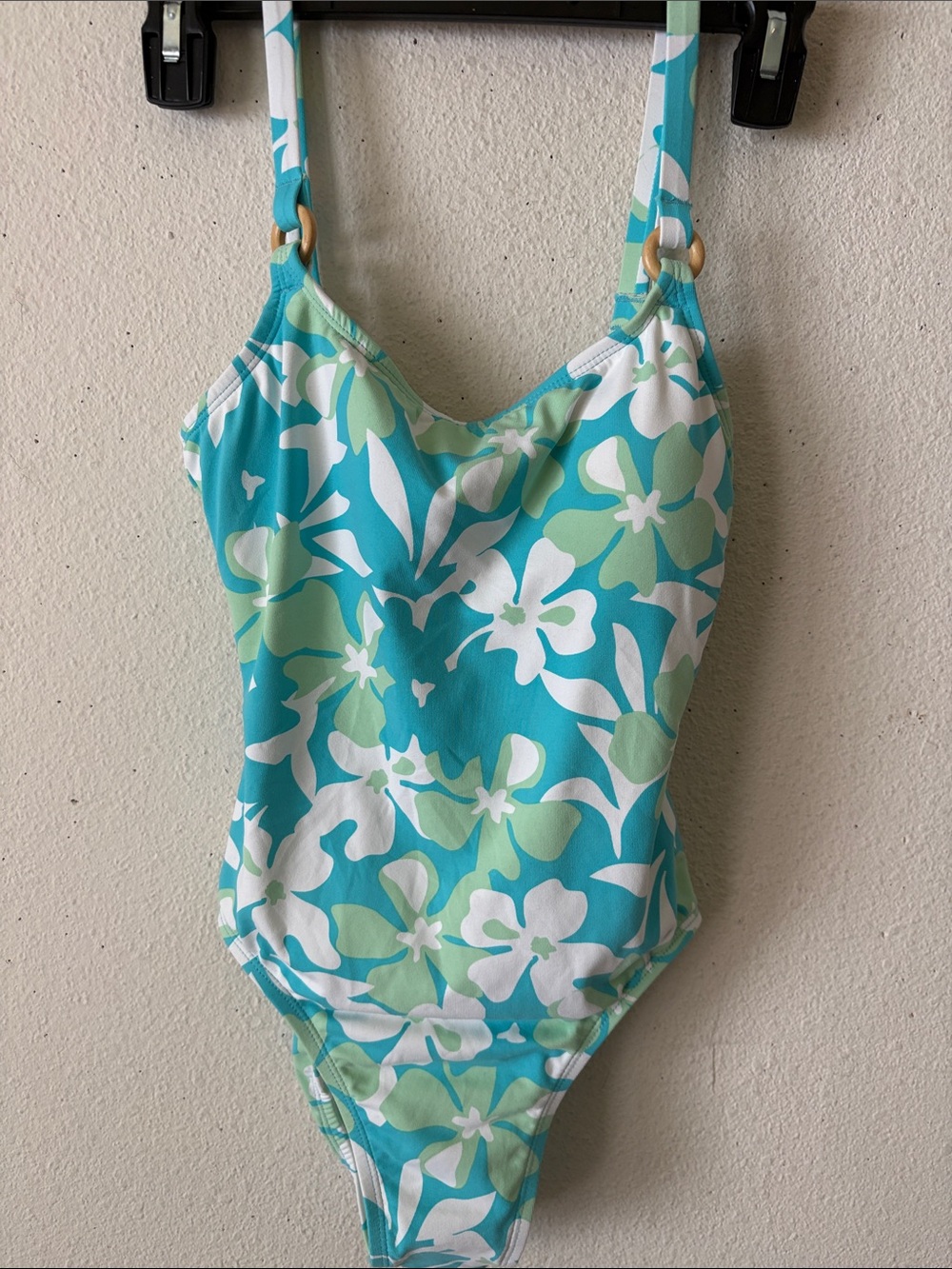 Jantzen Aqua and Light Green Floral One-Piece Swimsuit